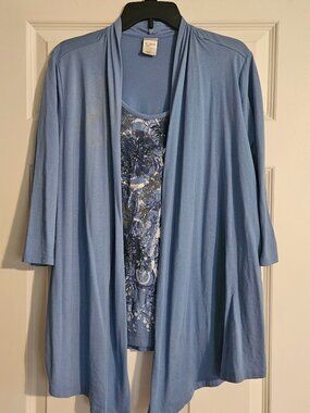 Blair Women's 2-in-1 Layered Top Size Large Blue Floral Cardigan Look